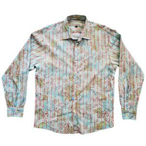 Equilibrio Paisley Retro Print Striped Button-Down Statement Shirt Size L Artsy